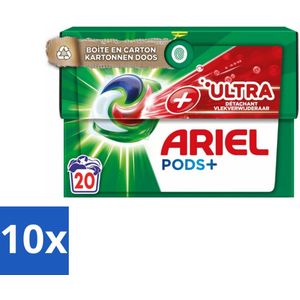 10 x Ariel +Ultra - Vlekverwijderaar & Wasmiddelcapsules - Pods+ - Witte en Gekleurde Was - 20 Wasbeurten - Ultra - Koud Water - Ecologische Verpakking - 20 Wasbeurten