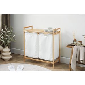 Lifa Bathing Bamboe Rek met Wasmanden - Polyester en Bamboe - Uitschuifbare Opbermanden met Deksel - Wassorteerbak 60 Liter - 2 Vakken - Voor Badkamer, Slaapkamer en Wasruimte - 73 x 64 x 33 cm