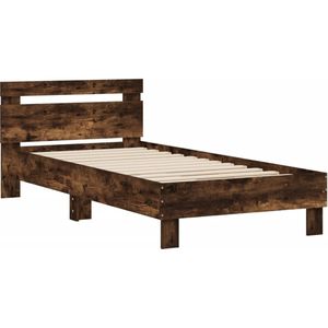 vidaXL - Bedframe - met - hoofdeinde - bewerkt - hout - gerookt - eiken - 90x200 - cm