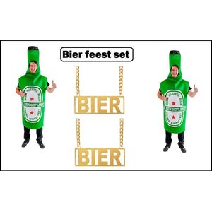 2x Bierfles outfit groen + bier ketting - bier fles bierfeest thema party carnaval apres ski oktoberfest vrijgezellen feest grappig en fout festivalpak