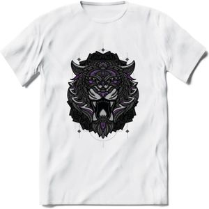 Tijger - Dieren Mandala T-Shirt | Paars | Grappig Verjaardag Zentangle Dierenkop Cadeau Shirt | Dames - Heren - Unisex | Wildlife Tshirt Kleding Kado | - Wit - S