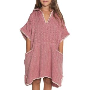 Lalay Strandponcho ZigZag Bordeaux - maat 8-9 jaar - jongens/meisjes/unisex pasvorm - poncho handdoek voor kinderen met capuchon - zwemponcho - badcape