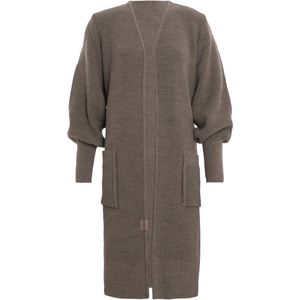 Knit Factory Patty Lang Gebreid Vest Marron - Gebreide dames cardigan - Lang vest tot over de knie - Donkerbruin damesvest - Pofmouw - 30% wol en 70% acryl - 36/38