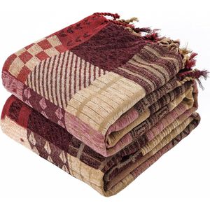deken patroon, patchwork dubbelzijdig sprei met franjes, boho sprei, 220 x 260 cm, rood, mooie en knuffelzachte tv-deken, bankdeken, fauteuildeken, omkeerbare deken, bedsprei