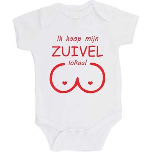 100% katoenen Romper bedrukt met grappige tekst Kado Cadeau Kraamkado Kraamcadeau ""Ik koop mijn zuivel lokaal"" Unisex Katoen rood Maat 56/62
