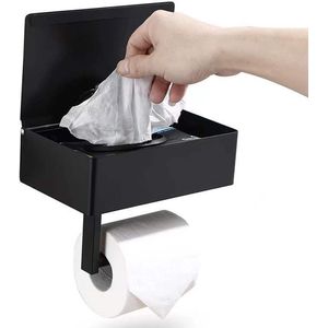 wandtoiletrolhouder, wandgemonteerde toiletrolhouder met opbergrek, zwart - Toiletrolhouder - Plankje & Bakje - Planchet Opbergruimte - WC Rolhouder - Zelfklevend of Borend - RVS - Waterbestendig