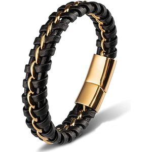 Victorious Leren Armband Heren – RVS Roestvrij Staal – Goud/Zwart – 22.5cm