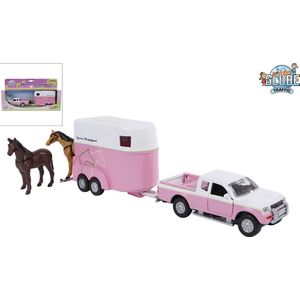 Kids Globe Die-cast Auto met Paardentrailer Roze, 1:32