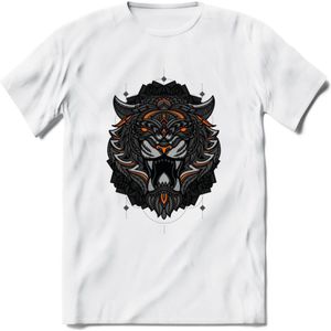 Tijger - Dieren Mandala T-Shirt | Oranje | Grappig Verjaardag Zentangle Dierenkop Cadeau Shirt | Dames - Heren - Unisex | Wildlife Tshirt Kleding Kado | - Wit - S
