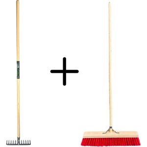Synx Tools Tuinhark 8 Tanden verzinkt + Nylon Straatbezem 60 cm – Kunststof haren - Bodembewerkers - Onkruidverwijderaar – Schrobborstels – Hark met steel 150 cm – Buitenbezem met steel 160 cm