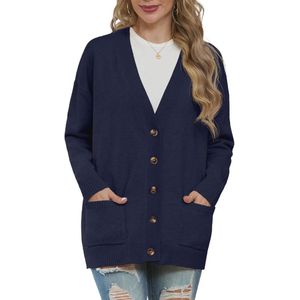 Dames gebreid vest met lange mouwen en V-hals, oversized cardigan met knoopsluiting en zakken