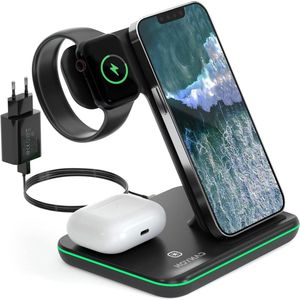 3 in 1 Fast Charging Station for Qi Devices - Black, with Wireless Airpods Charging