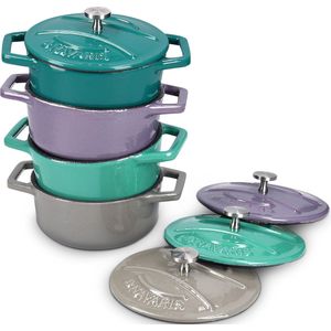 Navaris ronde gietijzeren pannetjes - 4x cocotte van gietijzer met deksel - Set van 4 pannen met geëmailleerde coating - Teal/Paars/Groen/Grijs