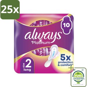 25 x Always Platinum - Maandverband - Maat 2 - Long - 10 Pads - Grootverpakking - Maandverband - Always Platinum - Langdurige Bescherming - Maandbloeding - Superabsorberend
