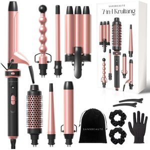 Sansbeauté® 7 in 1 Krultang met Klem en Wafeltang - Keramische Haarkruller - 13mm tot 38mm - Föhnborstel Kort Haar - Warmteborstel - Krultangen - Thermal Brush - Haarstyler - Krulborstel 5 in 1