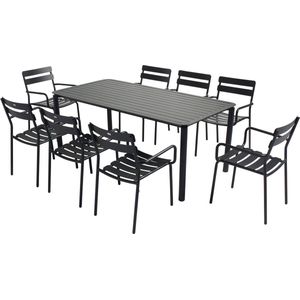 Oviala - Vierkante terrastafel (185 x 92 cm) en 8 zwarte fauteuils