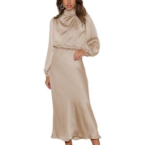 Elegante lange satijnen jurk met lange mouwen voor dames en meisjes - Casual herfst cocktailjurk