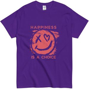 Dames en Heren T Shirt Met Smiley en Quote: Happiness is a Choice - Positieve Inspiratie - Paars - 3XL