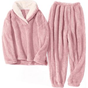 Warme fleece damespyjamaset, zachte 2-delige nachtkleding en loungewear met zakken