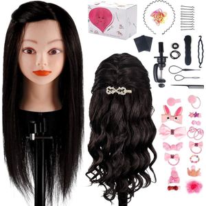18 inch Styling Hoofd Kappers Training Hoofd met Klemstandaard en Vlecht Set - 100% Echt Menselijk Haar - Geschikt voor Rechttrekken, Krullen, Permanenten