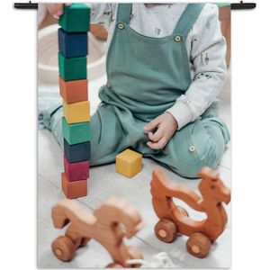 Velours Wandkleed Spelend Kind Rechthoek Verticaal - Kinderkamer - Baby cadeau - Babykamer M (125 X 90 CM) - Wandkleden - Met roedes