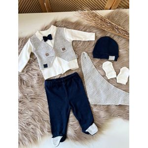5 delige set- Baby pak - jongenskostuum baby -dooppakje-kraamcadeau-new born-bruiloft-fotoshoot-babyshower-doopsel-maat 56 vanaf geboorte tem 3 maanden- katoen-creme grijs donderblauw kleur
