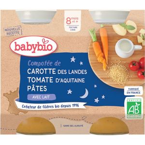 Babybio Goedenacht Wortel Tomaten Pasta Compote 8 Maanden en + Biologisch 2 x 200 g Potten