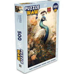 Puzzel Pauw - Pauwenveren - Bloemen - Vogels - Botanisch - Legpuzzel - Puzzel 500 stukjes