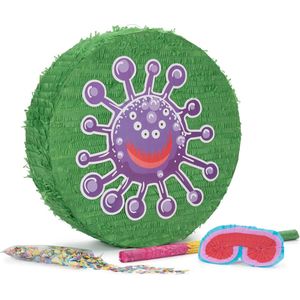 Lumaland - ""Beat the Virus"" Pinata set incl. pinata blinddoek, stok en 50 gr confetti - 50x50x15 cm - Groen/Purper