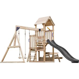 AXI Mette Speeltoestel met Dubbele Schommel Bruin – Grijze Glijbaan – Zandbak en Picknicktafel – Telescoop - FSC hout - Speelhuis op palen voor de tuin