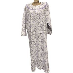 Dames flanel nachthemd lang model met bloemenprint L wit/paars