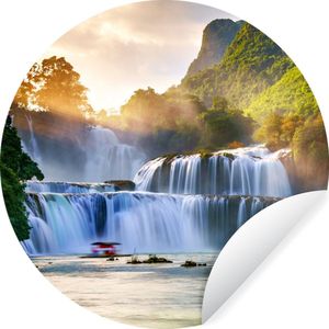WallCircle - Behangcirkel - Waterval - Zon - Natuur - Bomen - Zelfklevend behang - ⌀ 120 cm - Behangcirkel zelfklevend - Behang rond - Cirkel behang - Woonkamer