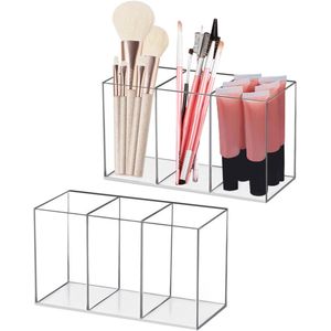 Make-up organizer, make-upkwastenorganizer, beker, 2 stuks penseelopslag, acryl make-up opbergdoos, 3 vakken, transparant, penseelhouder, voor eyeliners, lippenstift, mascara