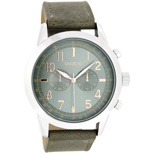 OOZOO Timepieces - Zilverkleurige horloge met groen grijze leren band - C6886