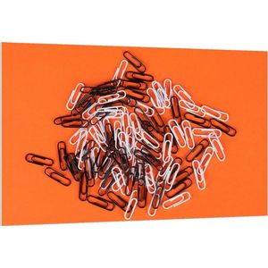 Forex - Zwart Witte Paperclips Oranje Achtergrond - 150x100cm Foto op Forex