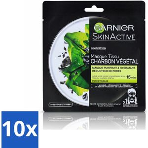 10 x Garnier - SkinActive - Tissue Masker - Charcoal - 1 Gezichtsmasker - Huidzuiveren - Huidhydraat - Huidstructuur - Poriën Verfijnen - Houtskool Masker