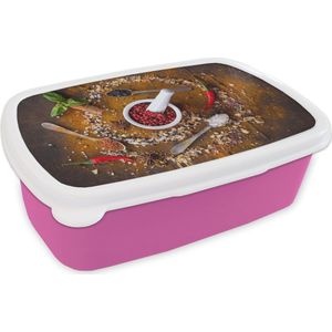 Broodtrommel Roze - Lunchbox - Brooddoos - Vijzel - Kruiden - Lepels - Specerijen - 18x12x6 cm - Kinderen - Meisje