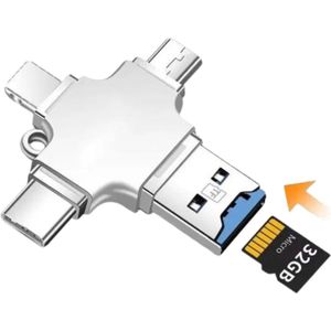 Nextora - SD Kaart Lezer - SD Card Reader USB 3.0 - Geschikt voor Iphone en Samsung - Micro Kaartlezer SD Kaart - Cardreader 4 in 1 - Cardreaders - Geheugenkaartlezer - Zilver