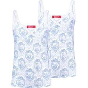 Exclusief Luxueus Kinder ondergoed, twee Luxe mooie zacht blauwe Girly Hemdjes van Hanssop met fashionable elastische rand details en in een luxe exclusieve Hanssop Blue Toile design, Twee meisjes Hemdjes, zacht blauwe toile print, maat 128