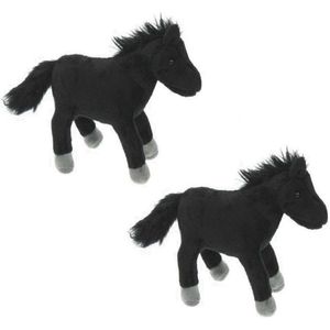 2x Pluche zwarte paarden knuffels met witte manen 25 cm - Paarden knuffels - Speelgoed voor kinderen