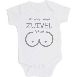 100% katoenen Romper bedrukt met grappige tekst Kado Cadeau Kraamkado Kraamcadeau ""Ik koop mijn zuivel lokaal"" Unisex Katoen Wit/grijs Maat 56/62