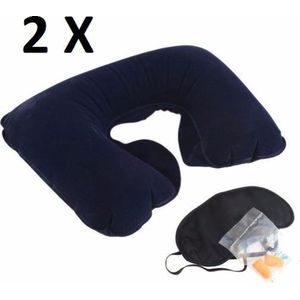 3-in-1 Travel Set - 2 Stuks - 3D Comfort Opblaasbaar Nekkussen / Slaapmasker / Oordoppen - Slaap Met Comfort Tijdens Het Reizen - Reiskussen - Oogmasker - Oordopjes Voor Heerlijk Slapen Op Reis In Vliegtuig / Bus / Auto / Trein
