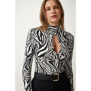 Happinessistanbul Beige Gebreide Damesblouse Met Uitgesneden Gedetailleerd Patroon Rx00037