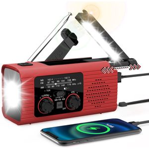 Noodradio - Weerradio - Handmatig/op zonne-energie oplaadbare 20.000 mAh-batterij - Draagbaar - Geschikt voor kamperen en noodgevallen - Rood