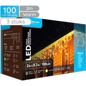 Modee IJspegel Verlichting Buiten 2 Meter - Kerstverlichting voor Buiten en Binnen - Verlengbaar - 70cm Hoog - 100 LED Lampjes - 8 Lichtstanden - IP44 - 2700K - Warm Wit Licht - 3 stuks