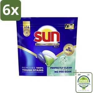 Sun – Vaatwascapsules – Brilliant Shine+ All-in-1 – 16 capsules - Voordeelverpakking - 6 stuks - Vaatwasmiddel - Vaatwascapsules