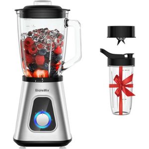 Collox Blender - 2 in 1 mixer - 1300 W - 600ml BPA plastic reisbeker en 1,5 liter glazen pot - 3 snelheidsstanden - Geschikt voor o.a fruit, groenten en ijs - 40x20 cm - Grijs