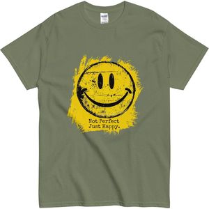 Grappig Stoer Tshirt met Tekst & Smiley - Positieve Grunge Stijl - Vrouwen Mannen - Khaki Groen - M