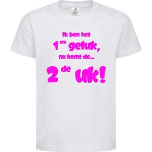 Shirt Aankondiging zwangerschap Ik ben het 1ste geluk, nu komt de ... 2de uk! | korte mouw | wit/fluor pink | maat 122/128 zwangerschap aankondiging bekendmaking Baby big sis bro sister brother Grote Zus Broer