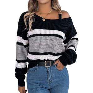 Dames Trendy Trui - Open Schouder - Mode - Zwart en Grijs - Gestreept